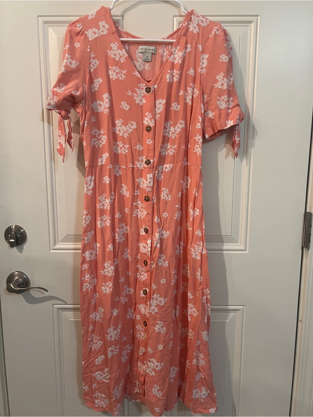 Button-Front Coral Floral Midi Dress with Tie Sleeves